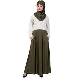Duel colored skirt style abaya-Olive green-white